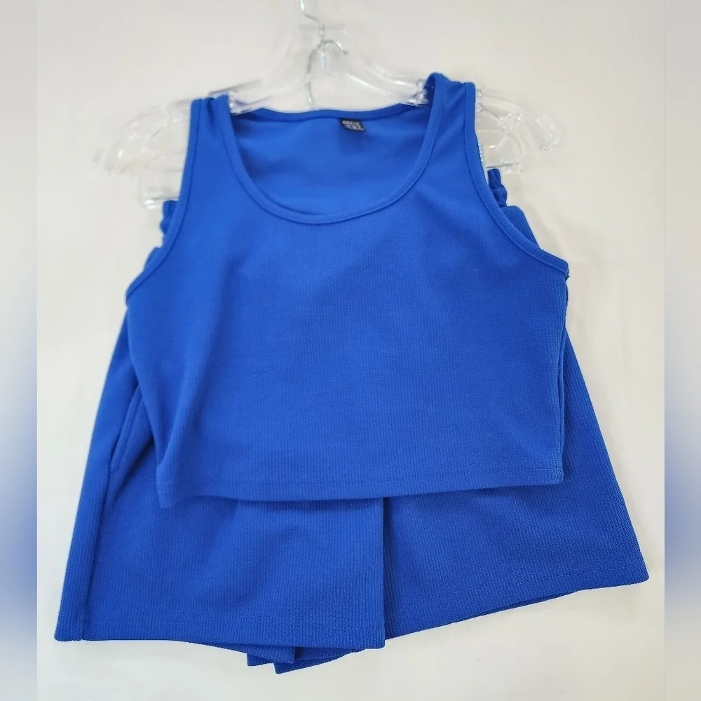 SHEIN Blue Textured Knit Tank & Shorts Matching Lounge Set Size Medium